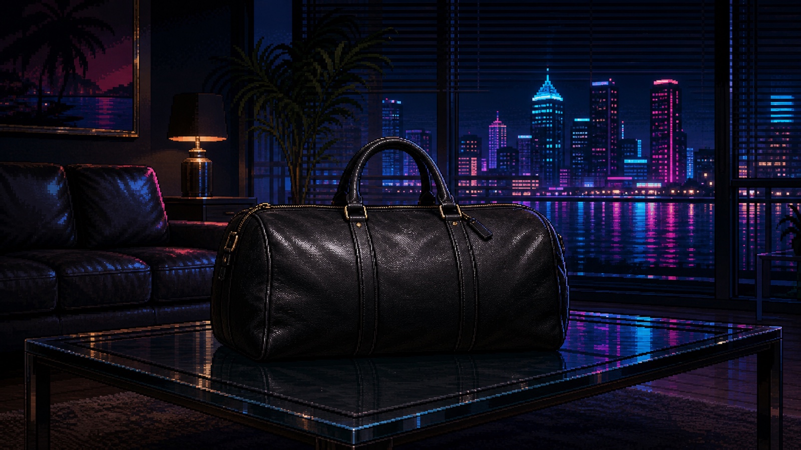 A black duffle bag on a glass table in a neon-lit condo
