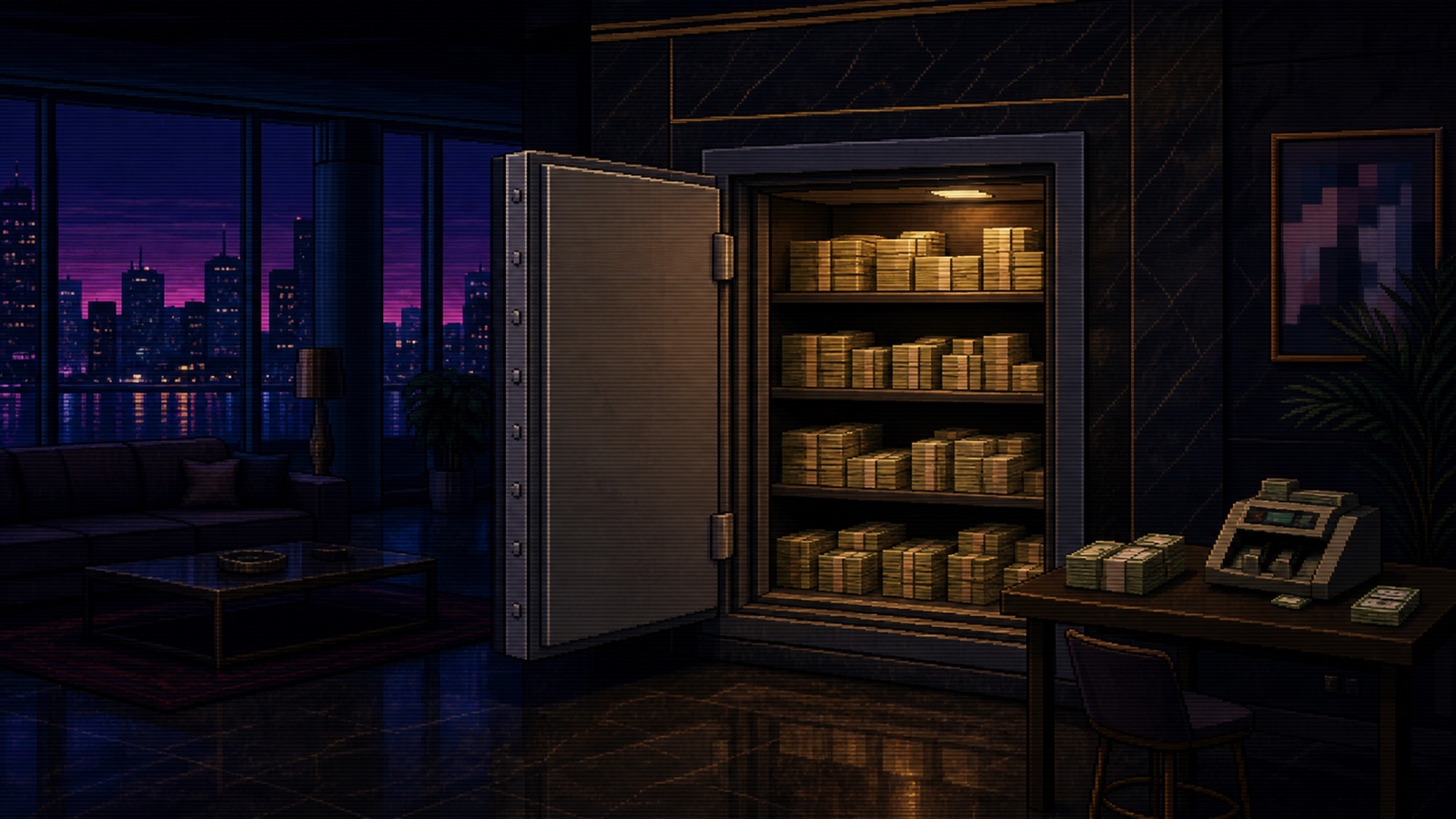 A grounded pixel-art safe-house vault with stacks of generic cash-like paper bundles