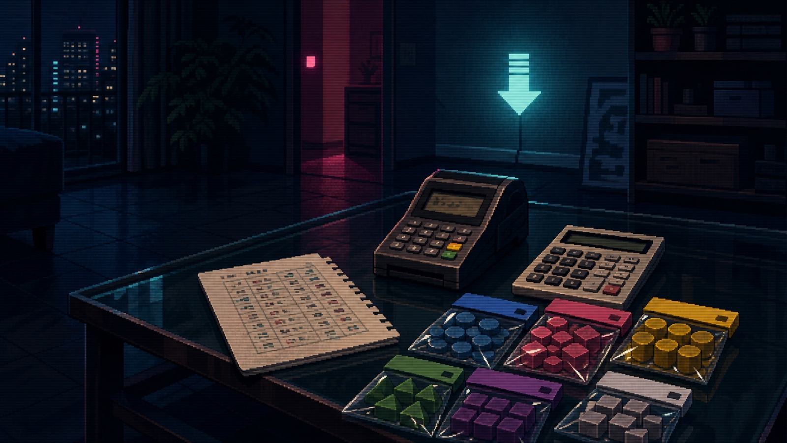 A pixel-art table with a ledger, card reader, and generic cash-like bundles