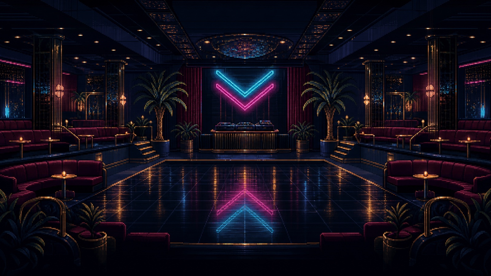 The original fictional Club Velvet, lit in cyan and magenta