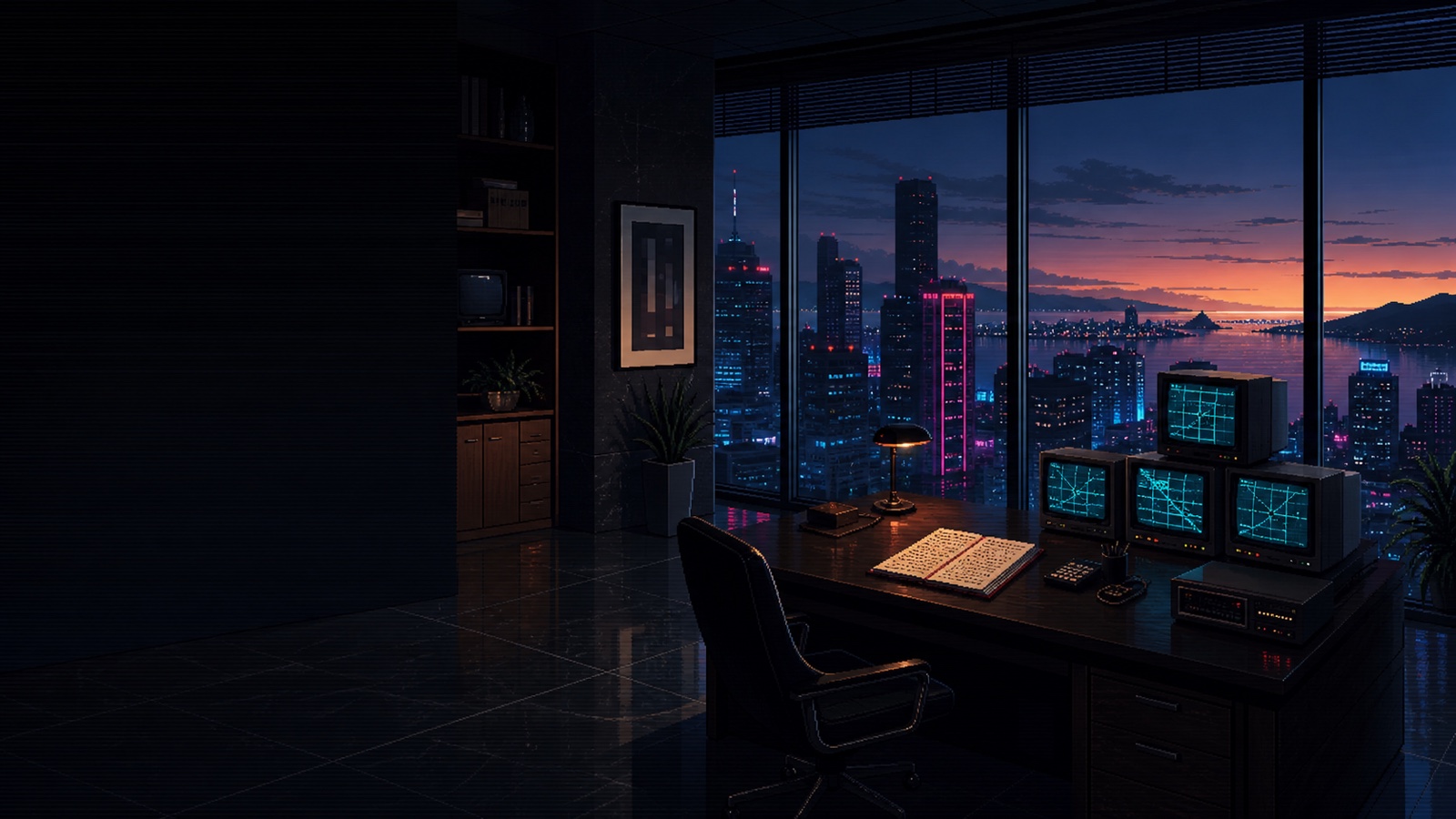 An original pixel-art office overlooking the neon city