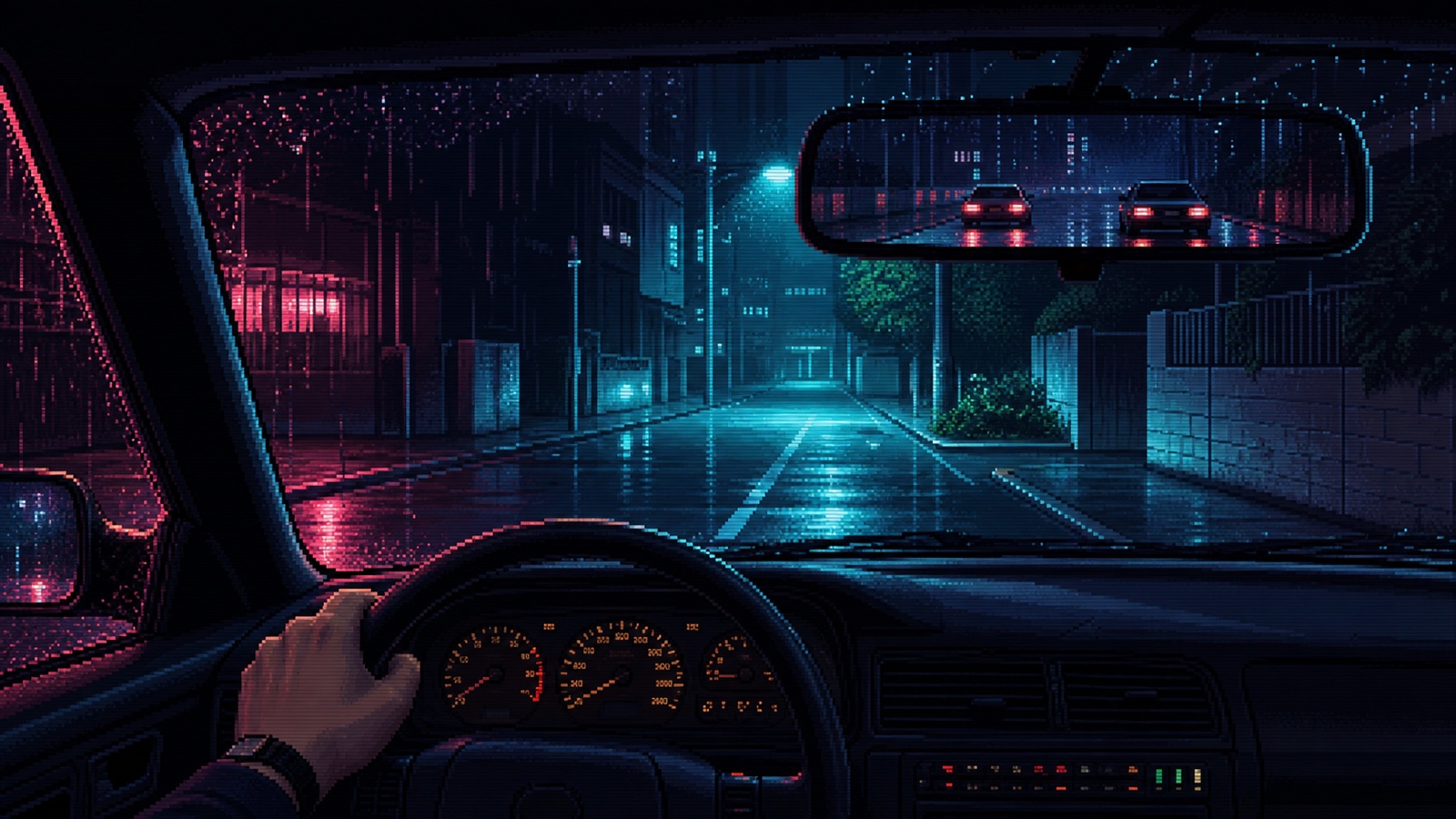 An original pixel-art view through a rear-view mirror as danger closes in