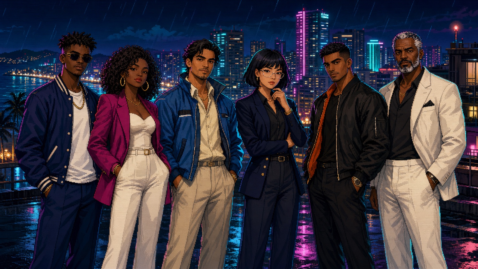 Six original fictional Trapahaulic characters in the neon city