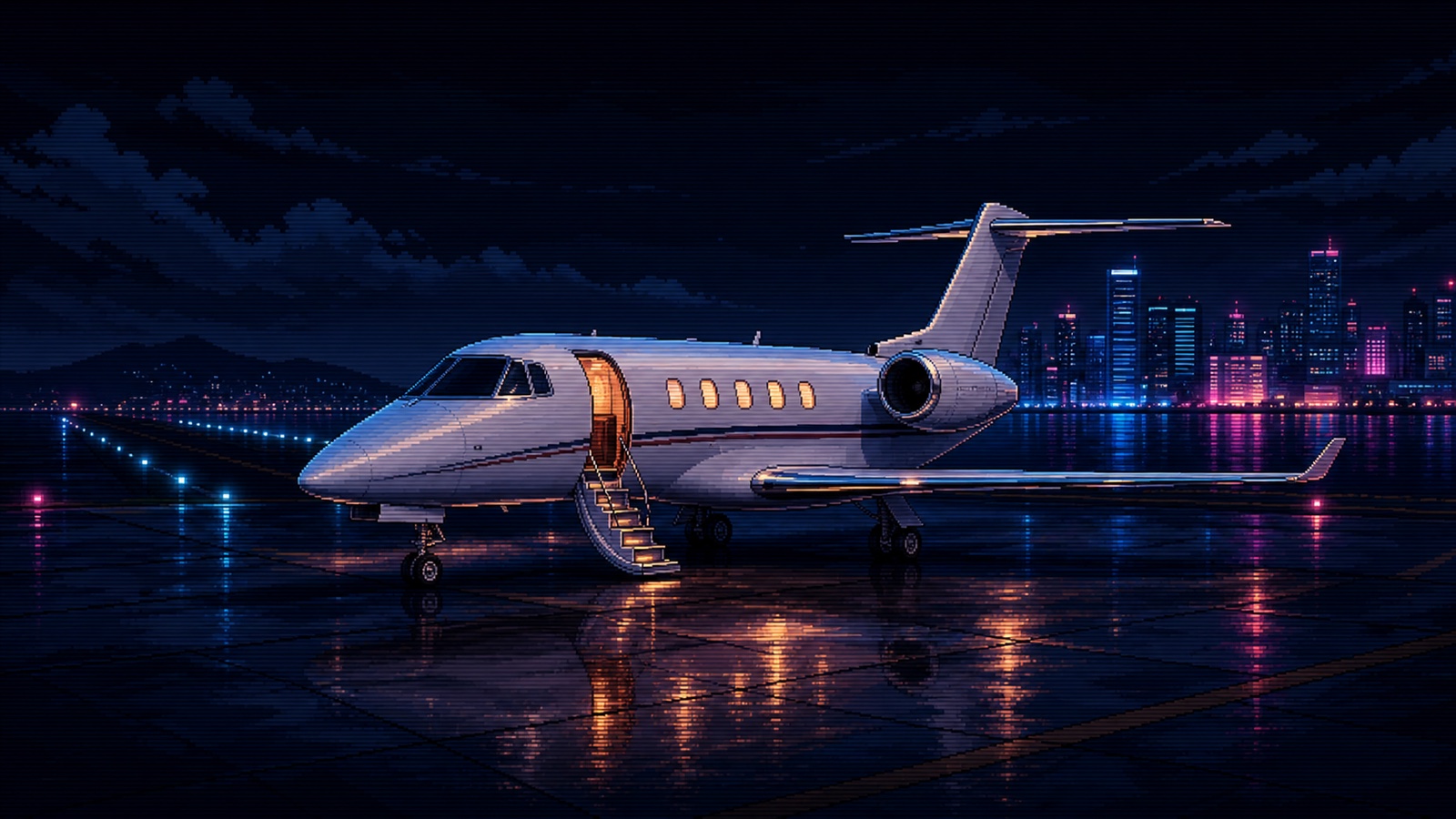 An original pixel-art private jet waiting on a wet runway at night