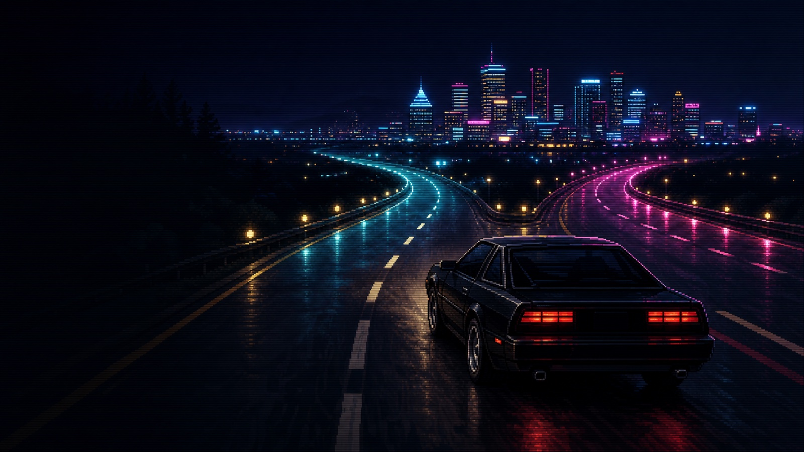 A pixel-art sports car traveling across a rain-soaked neon city